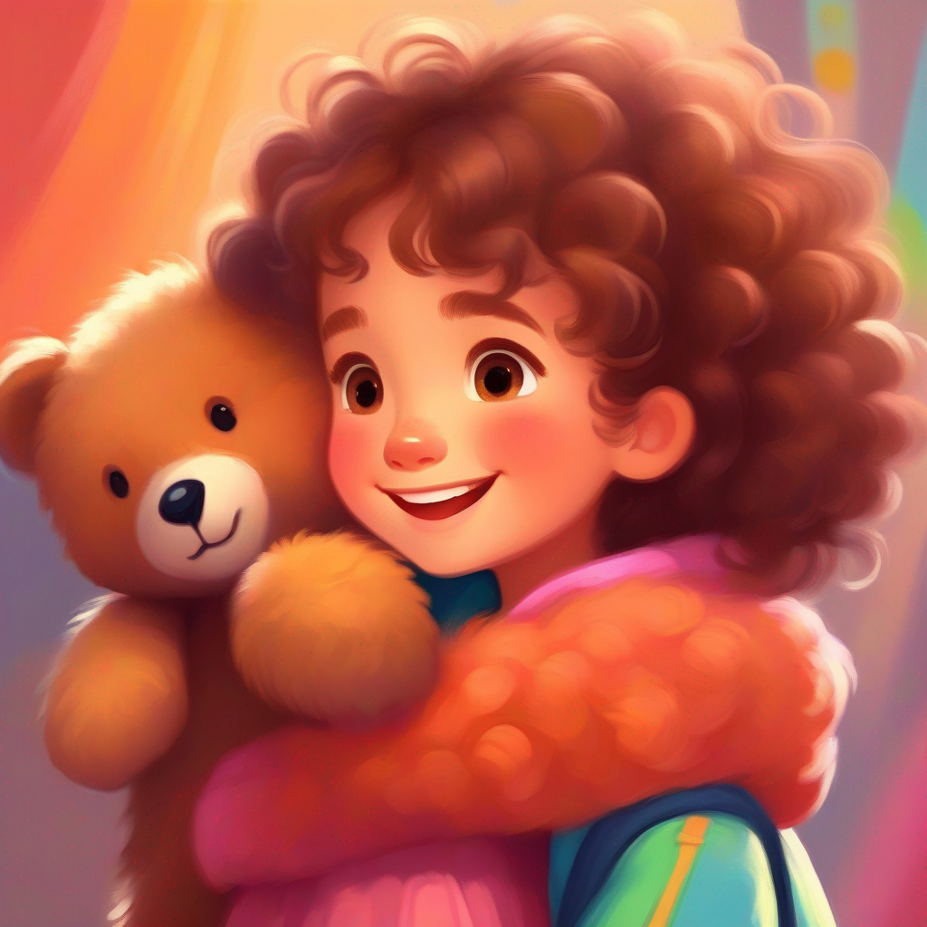 Little girl, joyful, curly brown hair, wearing colorful clothes hugging Teddy bear, fluffy, brown fur, button eyes, friendly smile, understanding, special friend