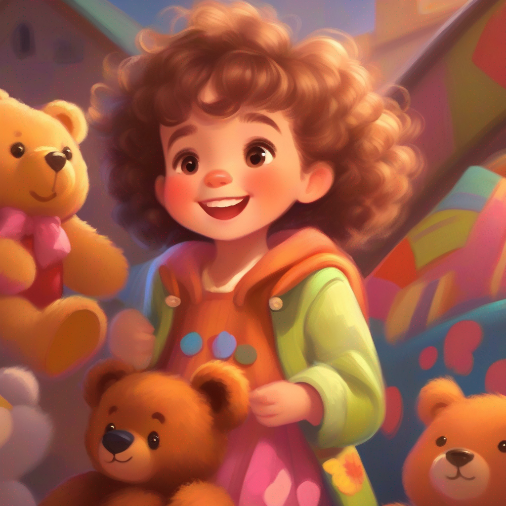 Little girl, joyful, curly brown hair, wearing colorful clothes growing older, keeping Teddy bear, fluffy, brown fur, button eyes, friendly smile in a box, remembering their adventures