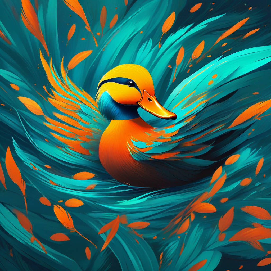 Vibrant orange feathers and a bright teal bill, the confident and vibrant duck, swims with grace