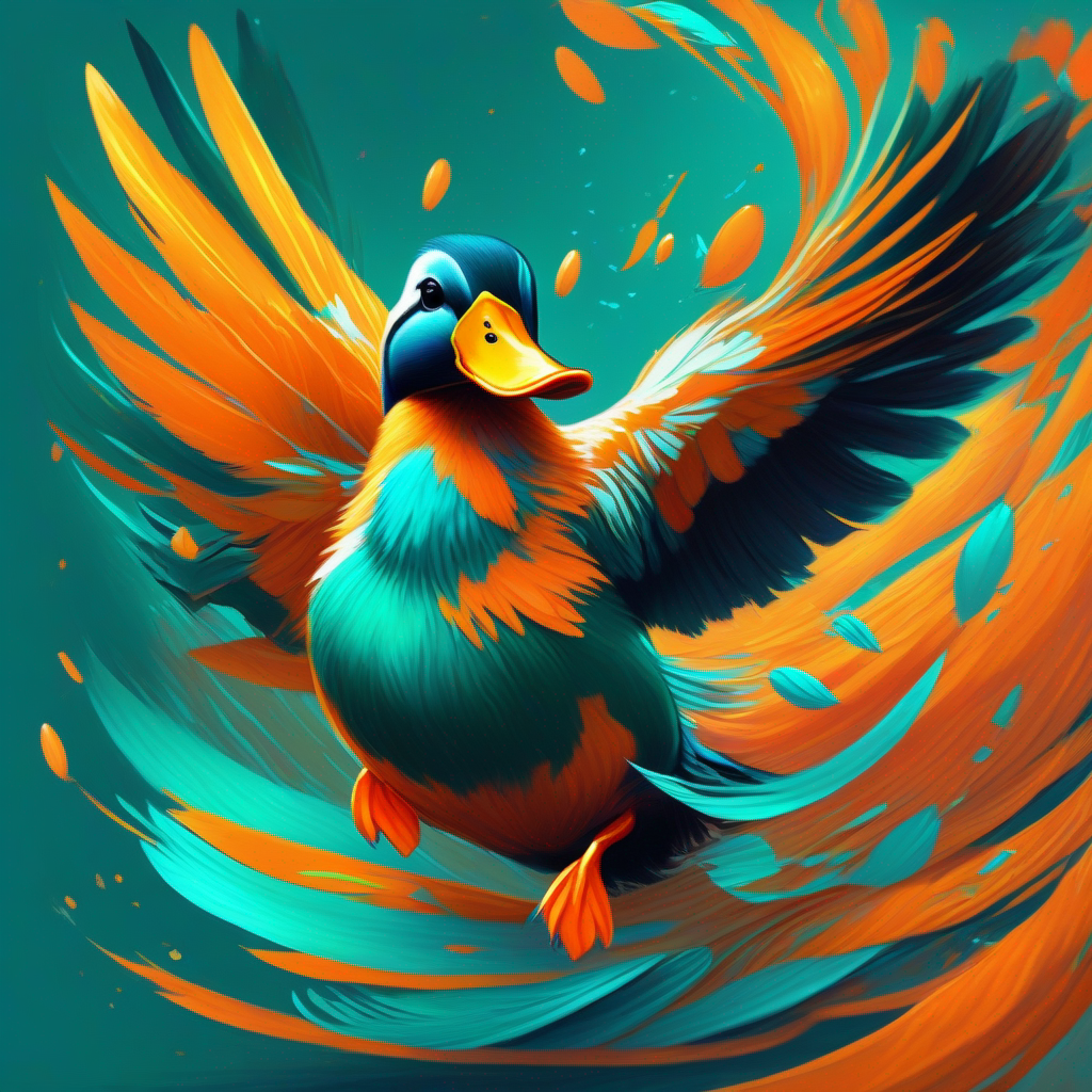 Vibrant orange feathers and a bright teal bill gracefully somersaulting mid-air while A friendly and determined duck with a speedy swim admires him