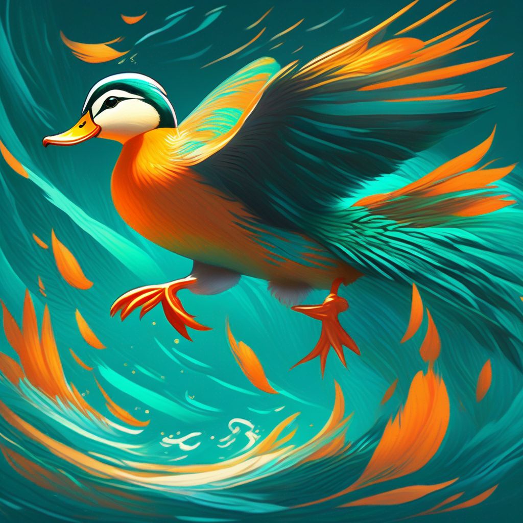 Vibrant orange feathers and a bright teal bill encouraging and appreciating A friendly and determined duck with a speedy swim' swimming speed