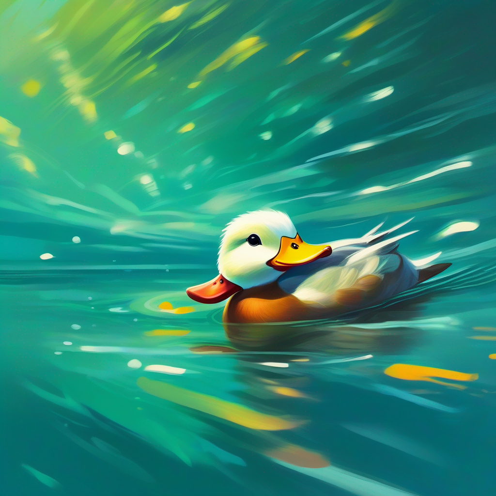 A friendly and determined duck with a speedy swim finding confidence and swimming faster as other ducks cheer