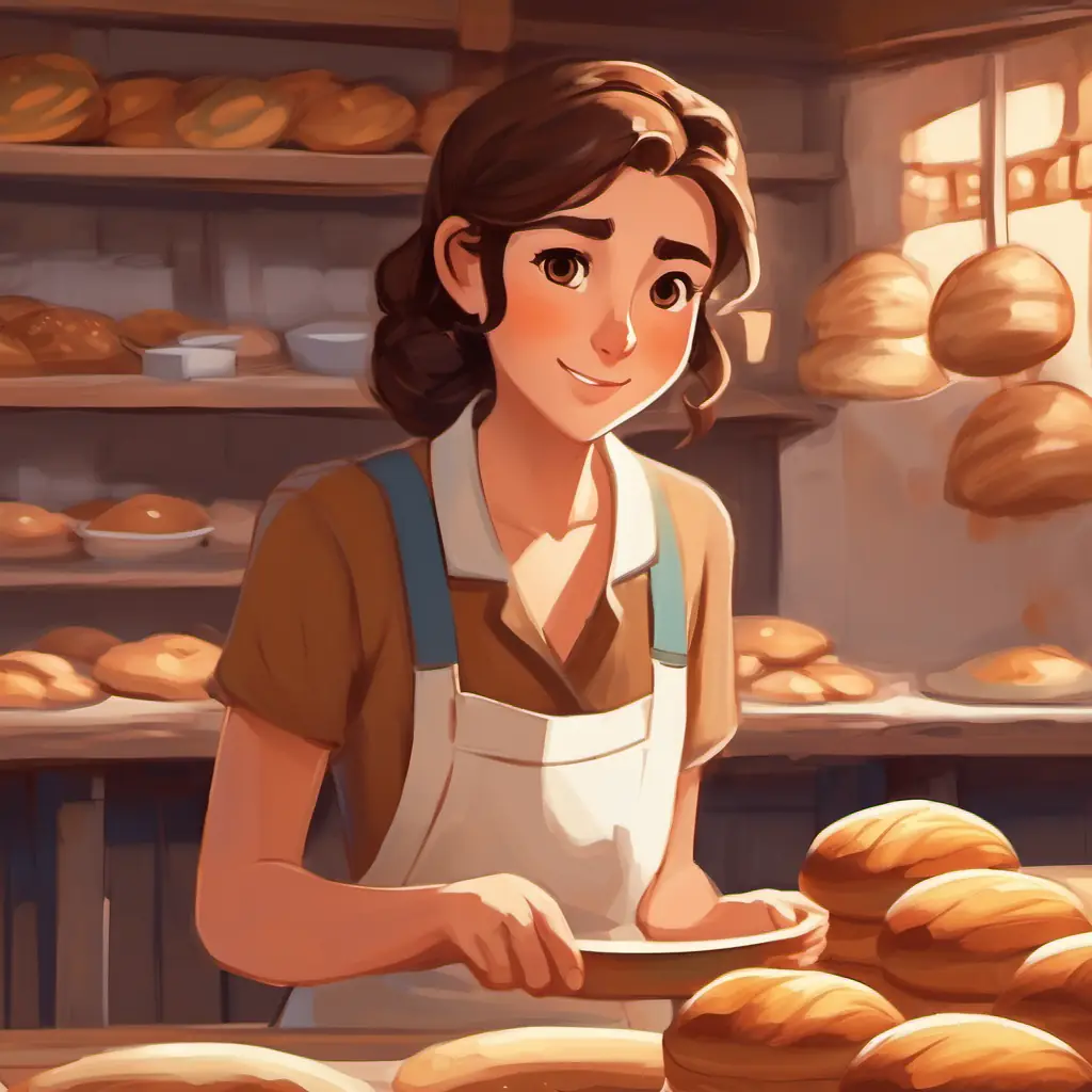 small, resilient, brown hair, brown eyes interacts with the Bakers, struggles with language.