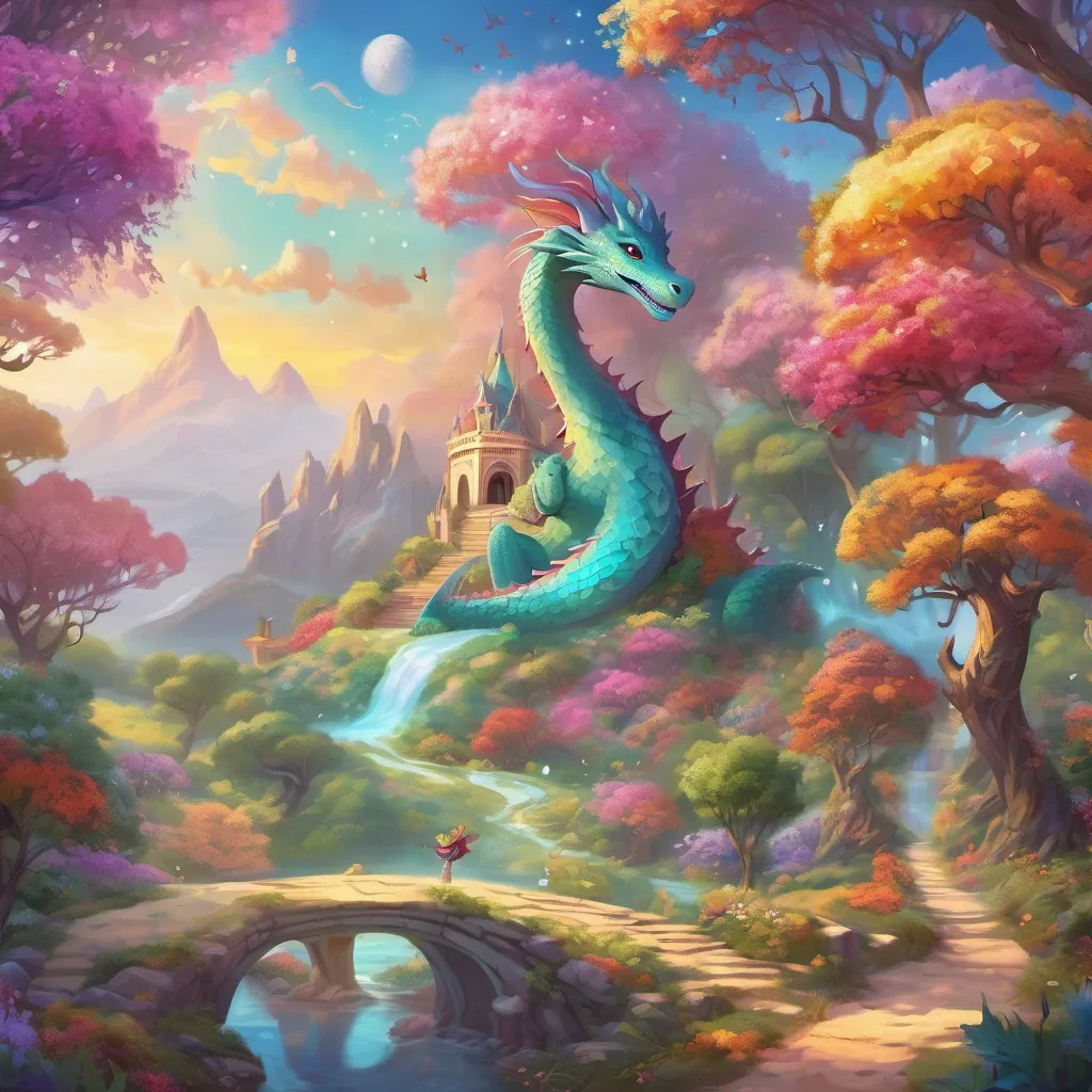 imaginary land full of colorful trees with smiles and giggles, and a cheerful dragon with bright scales