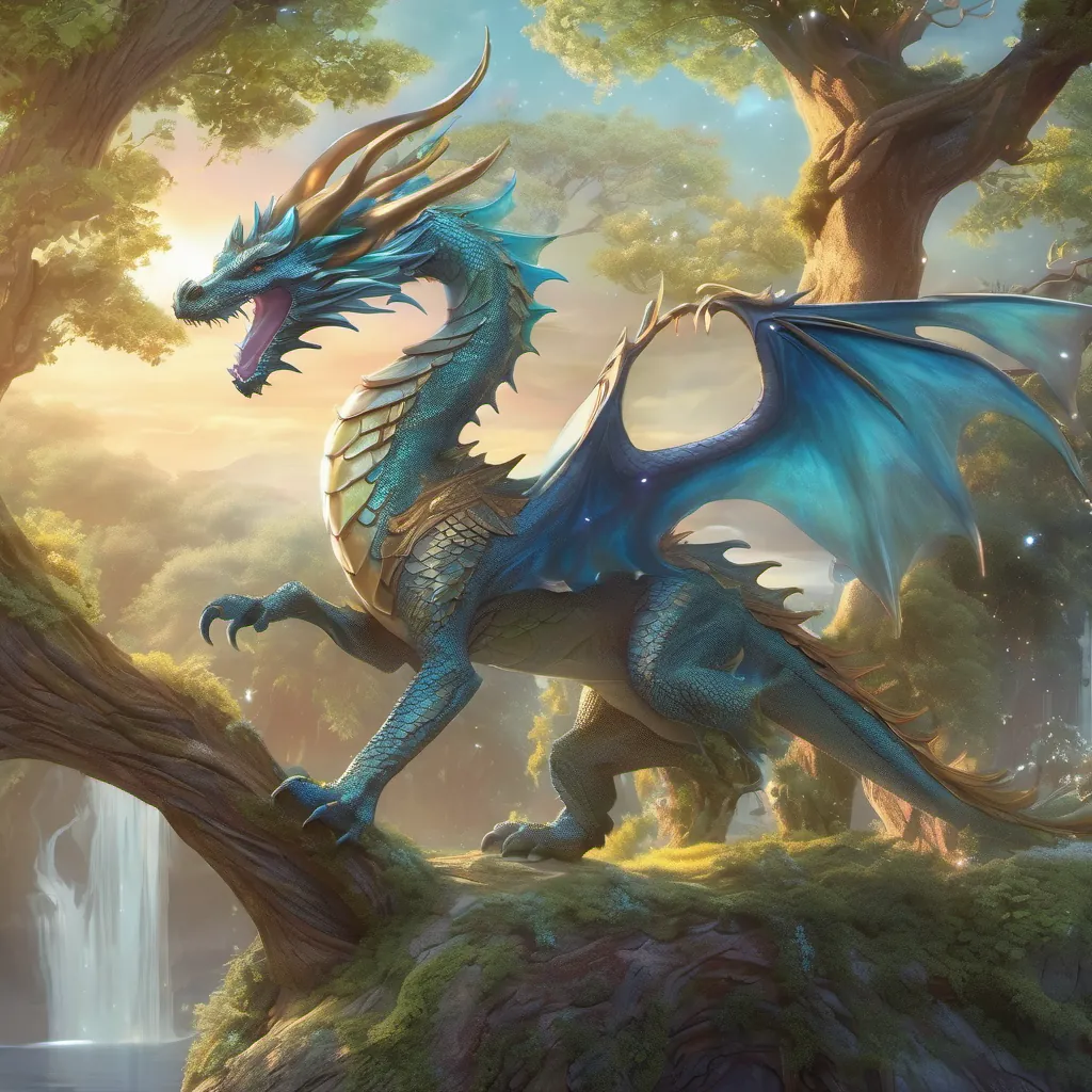 a dragon by a whimsical tree with wings outstretched