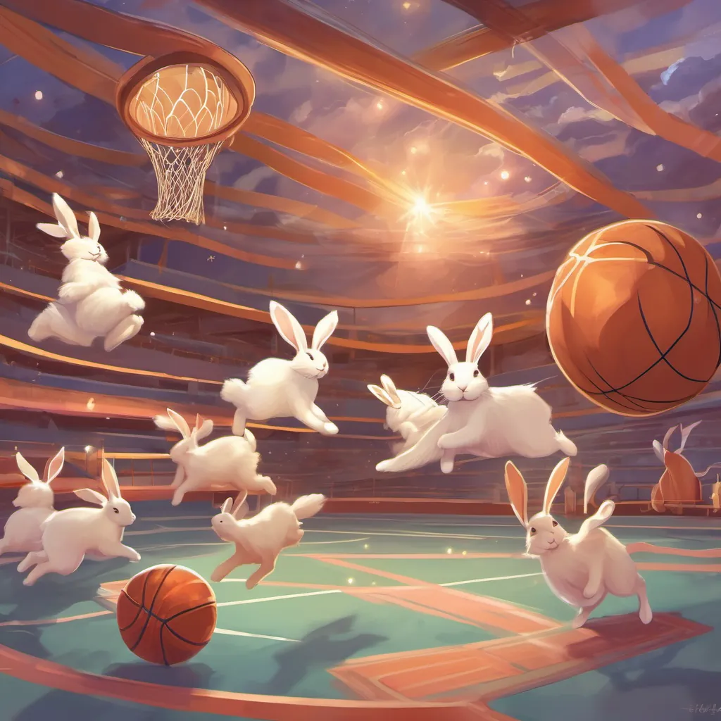 bouncy bunnies leaping joyfully through a basketball court, with fluffy tails