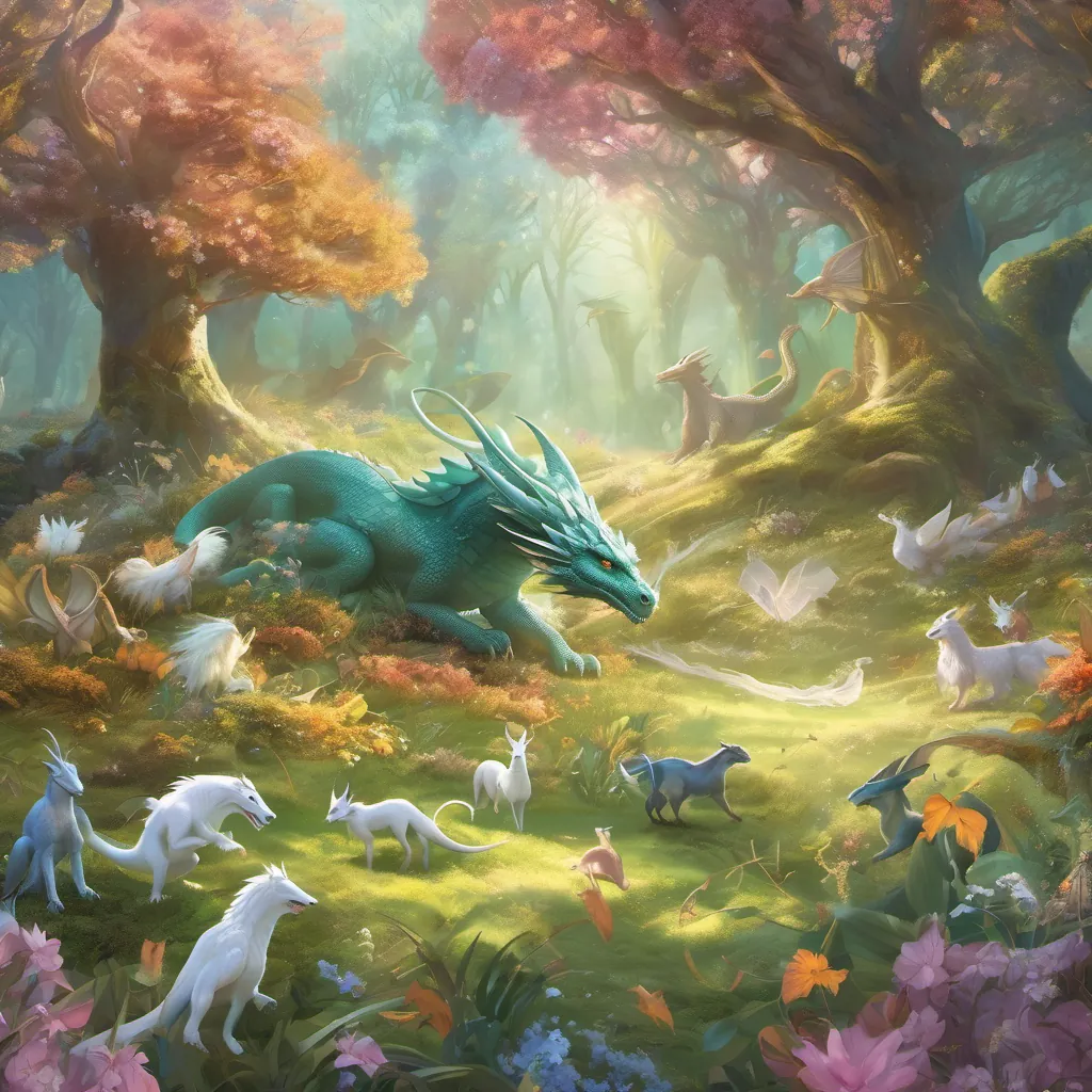 a dragon facing a group of other woodland creatures in an enchanted meadow