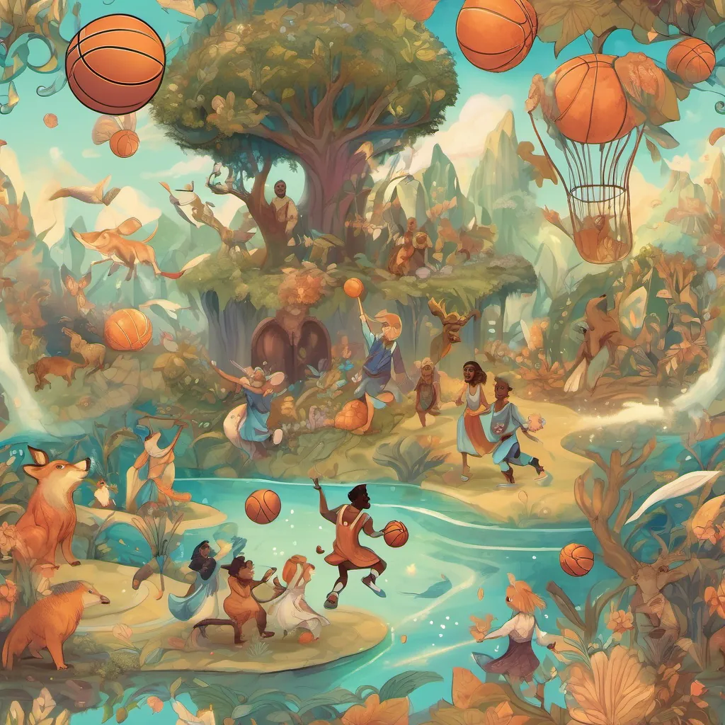 a lively basketball game in a whimsical land, with diverse creatures joining in happily