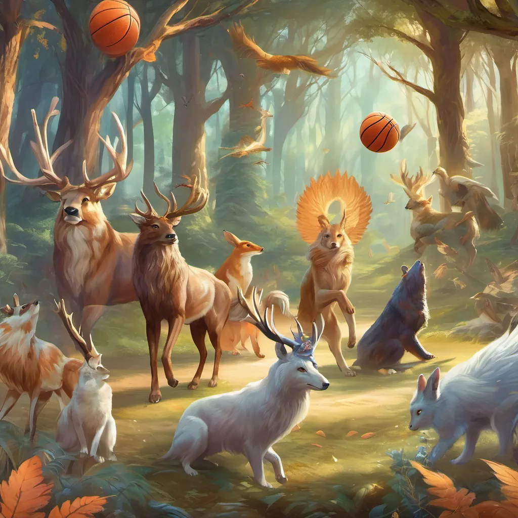 a group of 10 animals playing basketball in the forest