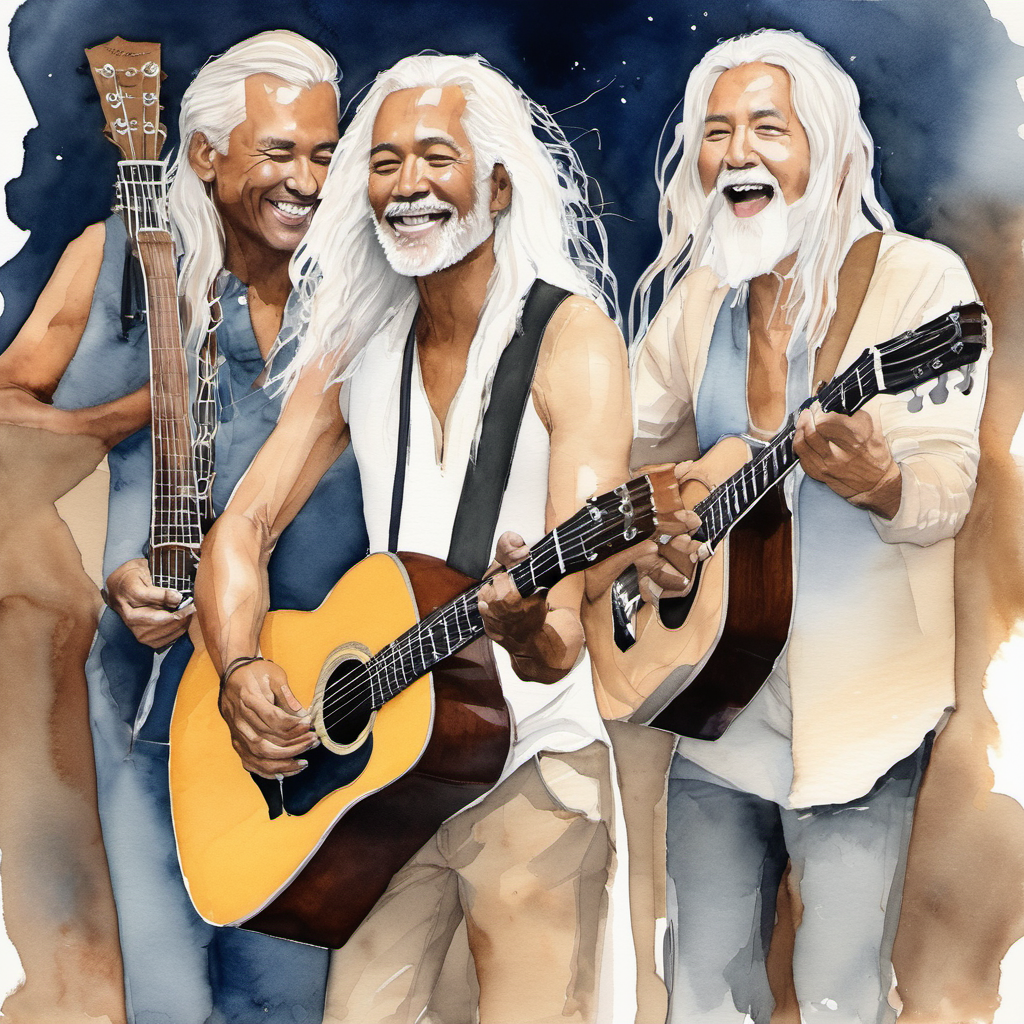 Tan skin men holding guitars and singing to Fair skin, long white hair, curious and kind hearted