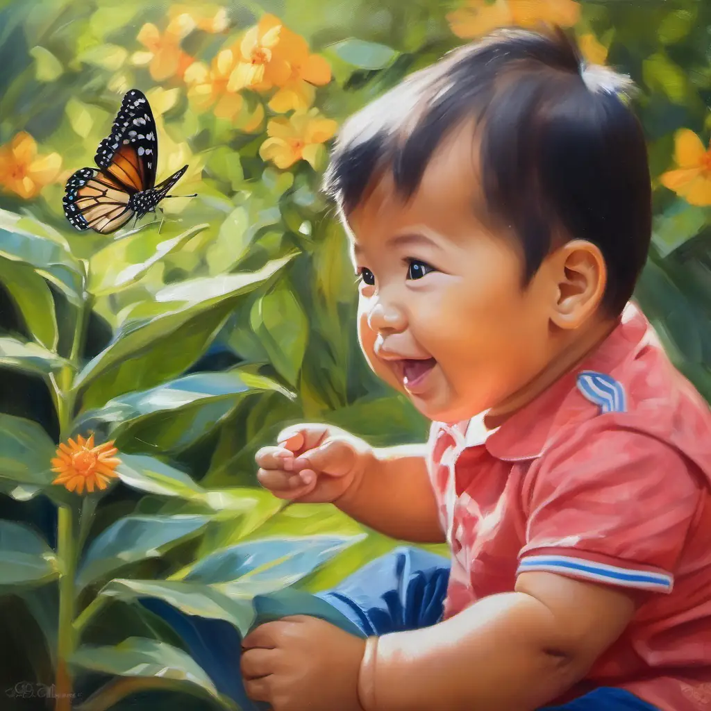 In the garden, Grayson and a butterfly sharing a lighthearted moment.