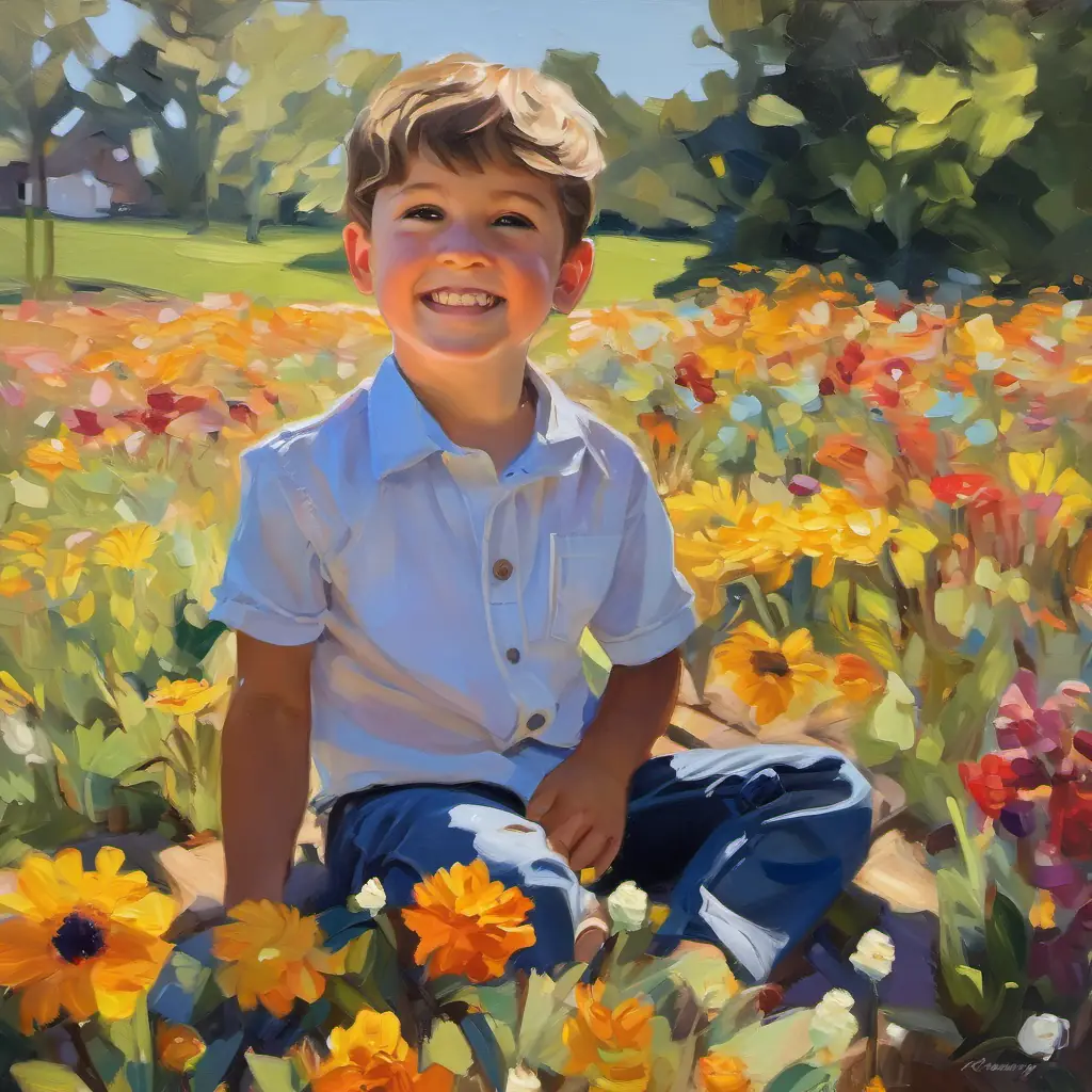 Amidst colorful flowers, the sunlight brightens Grayson's ecstatic expression.