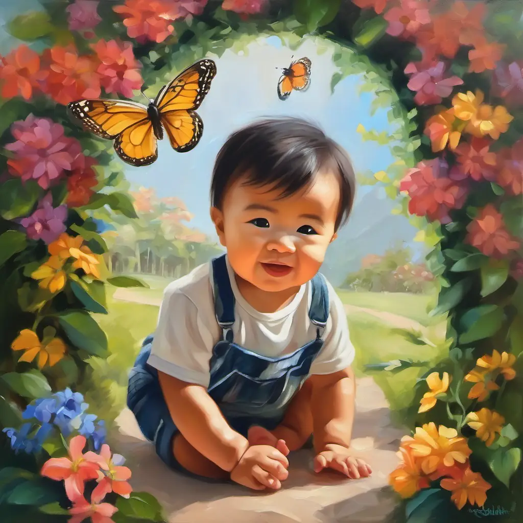 Under a flowery arch, Grayson ventures towards a butterfly with determination.