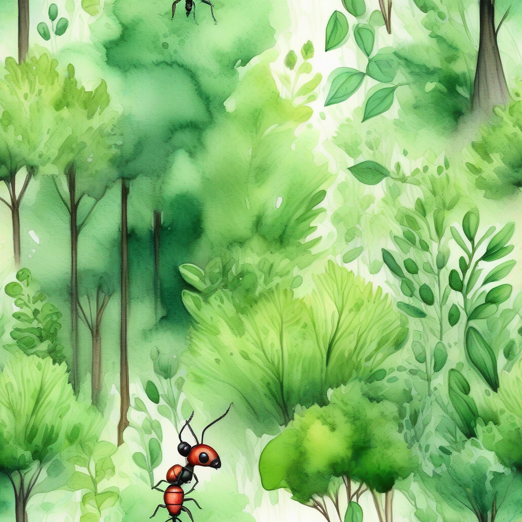 Lush green forest, tiny curious ant