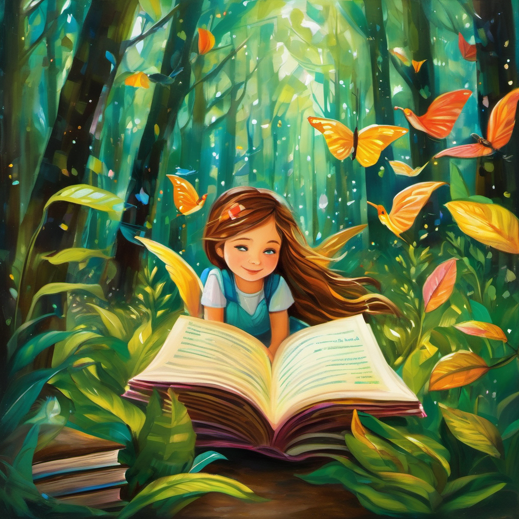 With eyes sparkling in wonder, Lily decided to explore a peculiar-looking book called "The Magical Book Forest." The moment she touched it, the pages began to flutter, and she found herself standing in the middle of a lush and enchanting forest, filled with trees made of books. Each page served as the leaves, rustling in a delightful symphony as the wind blew through them. As Lily embarked on her journey through the book forest, she met a group of friendly creatures called Booklings. These Booklings were tiny, with colorful paper wings and bright ink markings on their bodies. They were the guardians of the book forest, protecting each story with great care and love.