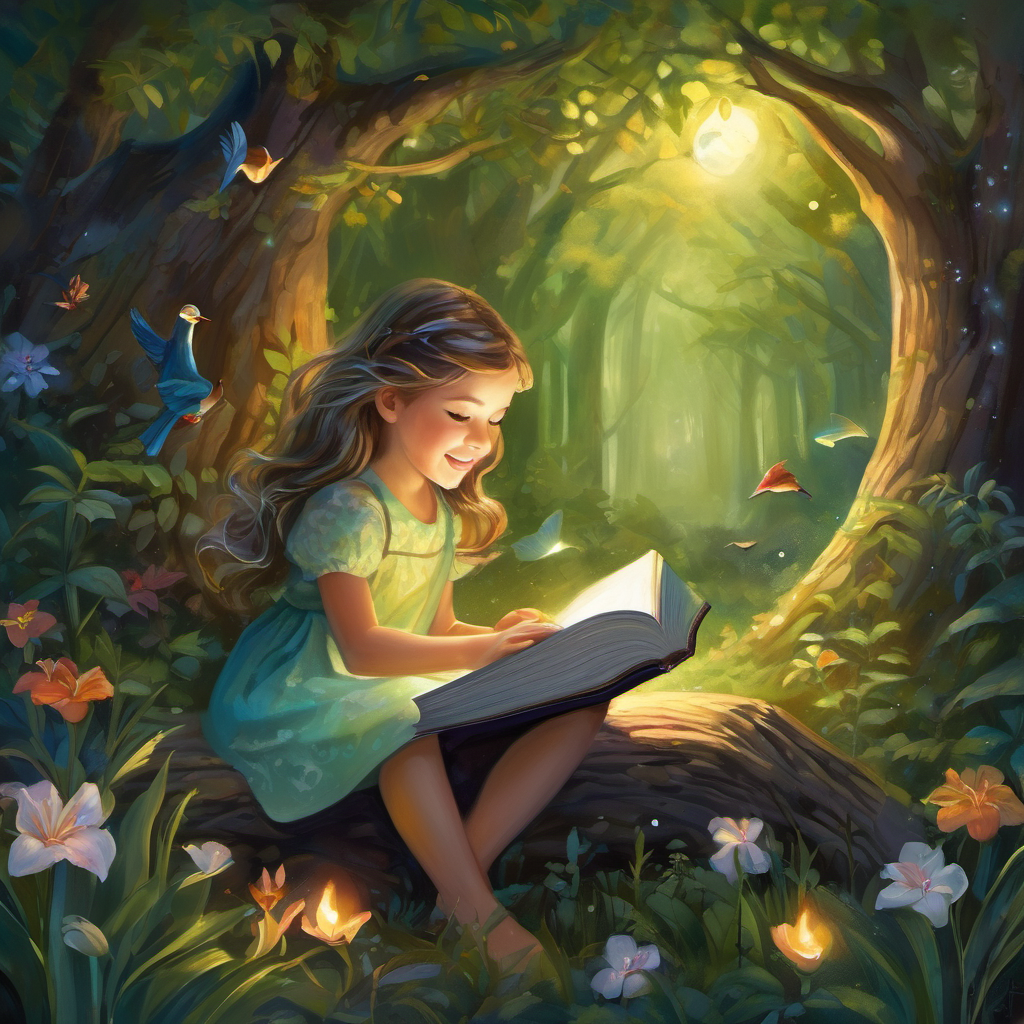 When it was time for Lily to return home, she hugged the Booklings tightly, promising to visit them in their magical forest again soon. With a wave goodbye, she touched the cover of the book "The Magical Book Forest" once more, and found herself back in her cozy bedroom as the moon gently illuminated the room. From that day forward, Lily continued to explore the magic of books, venturing into countless stories, and sharing her love for reading with others. And whenever she needed an extra sprinkle of magic, she knew she could always visit her friends, the Booklings, in the book forest, where the wonders of imagination would always come alive.