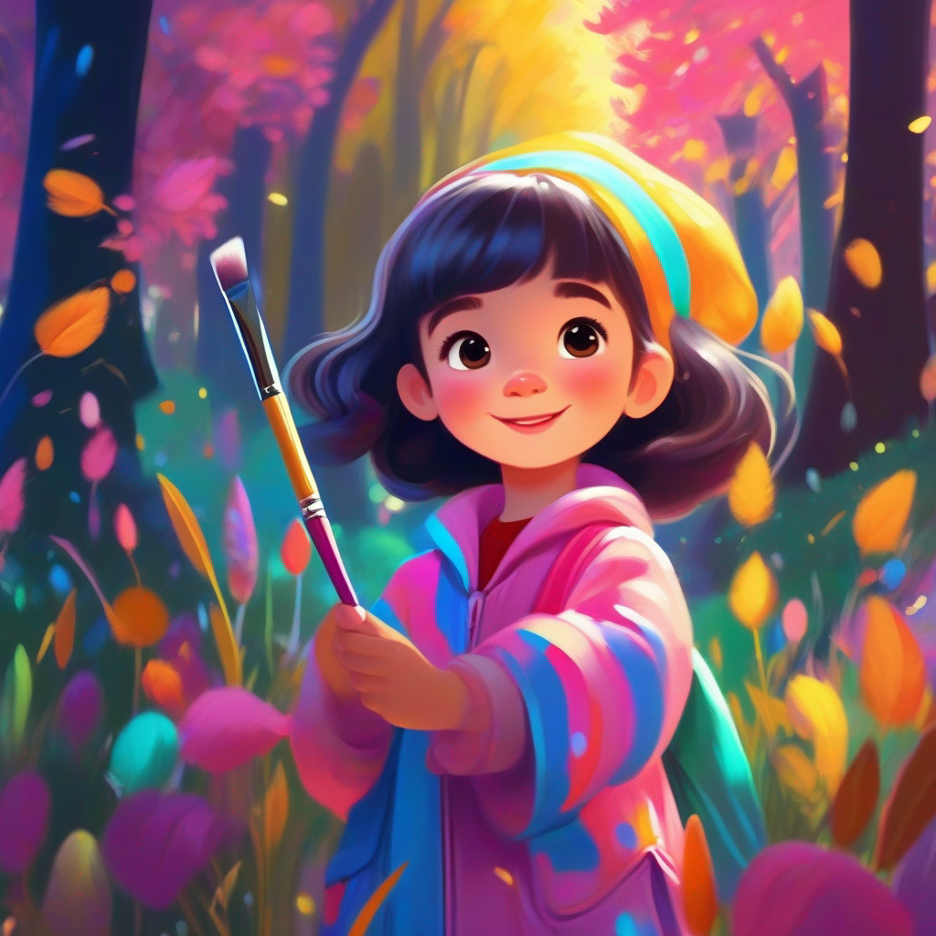 A little girl who loves to paint. Wears colorful clothes. finds a magical paintbrush in the park. Sparkling colors.