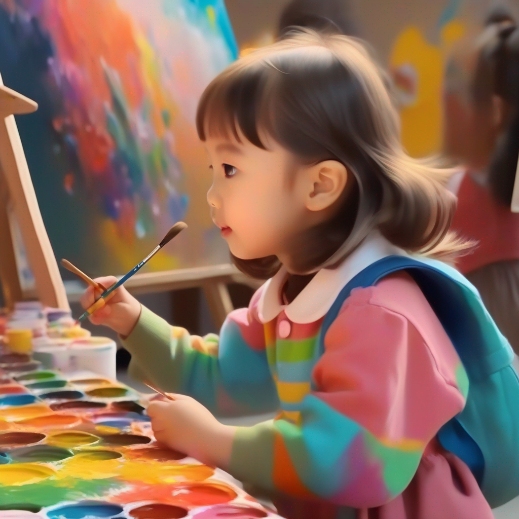 A little girl who loves to paint. Wears colorful clothes. uses the paintbrush and her drawings come to life.