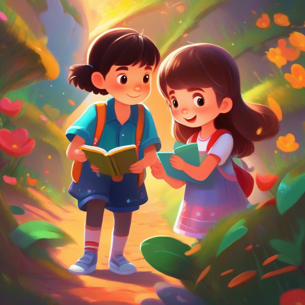 A little girl who loves to paint. Wears colorful clothes. and A friendly boy who tells stories. Carries a notebook. become friends through their love for stories.