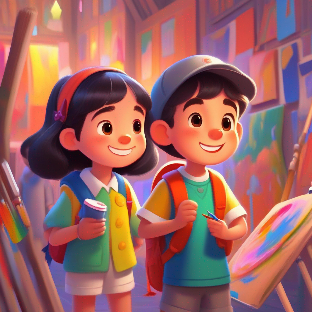 A little girl who loves to paint. Wears colorful clothes. and A friendly boy who tells stories. Carries a notebook. hold an art exhibition and inspire others.