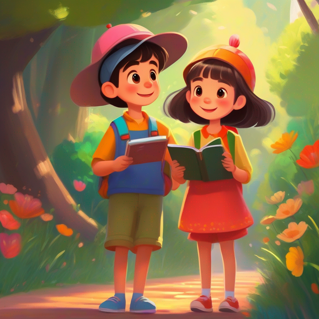 A little girl who loves to paint. Wears colorful clothes. and A friendly boy who tells stories. Carries a notebook. teach the importance of friendship.