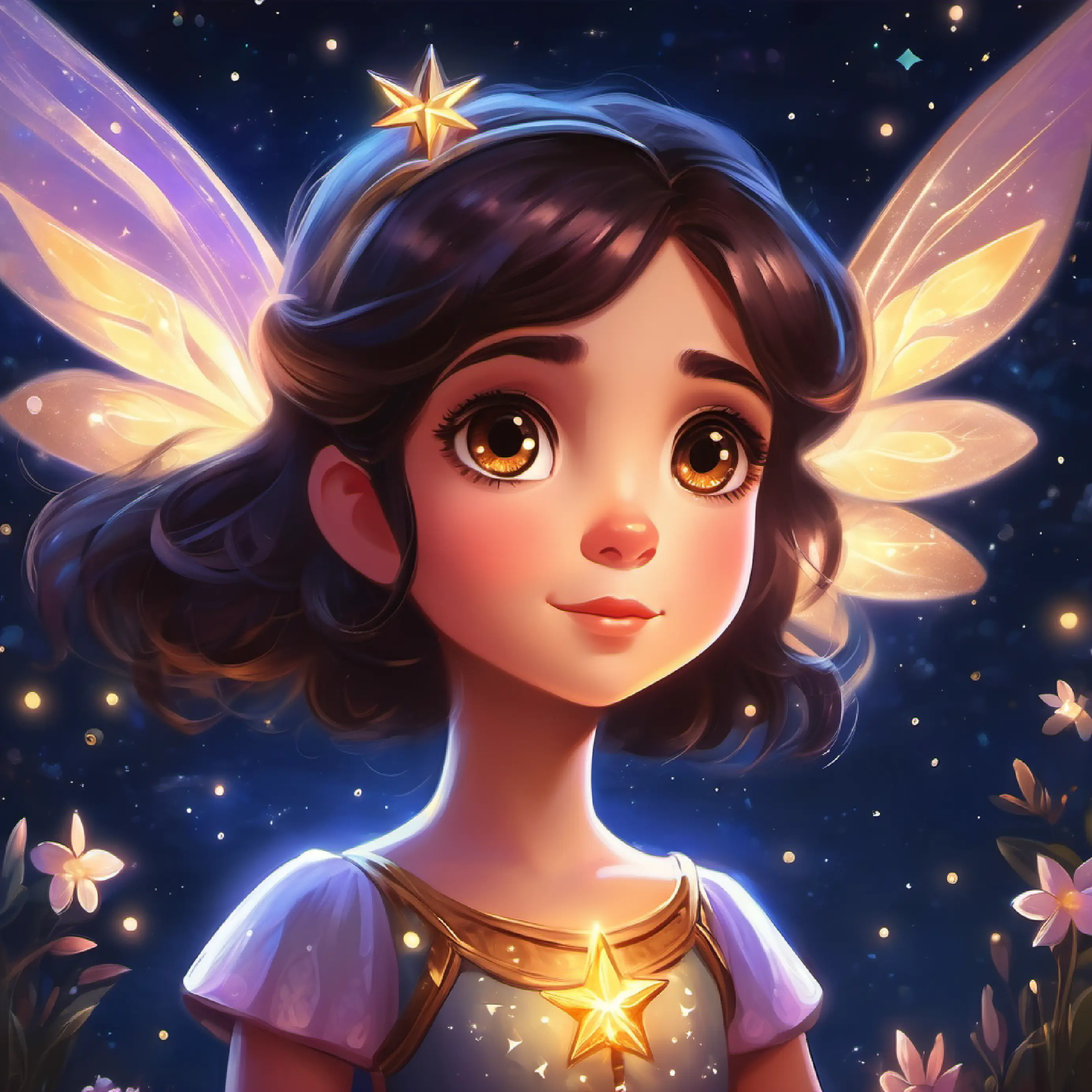 Curious girl, bright heart, dark hair, big brown eyes meets Star fairy, glowing, tiny with wings, sparkly eyes the star fairy needing help with a quest.