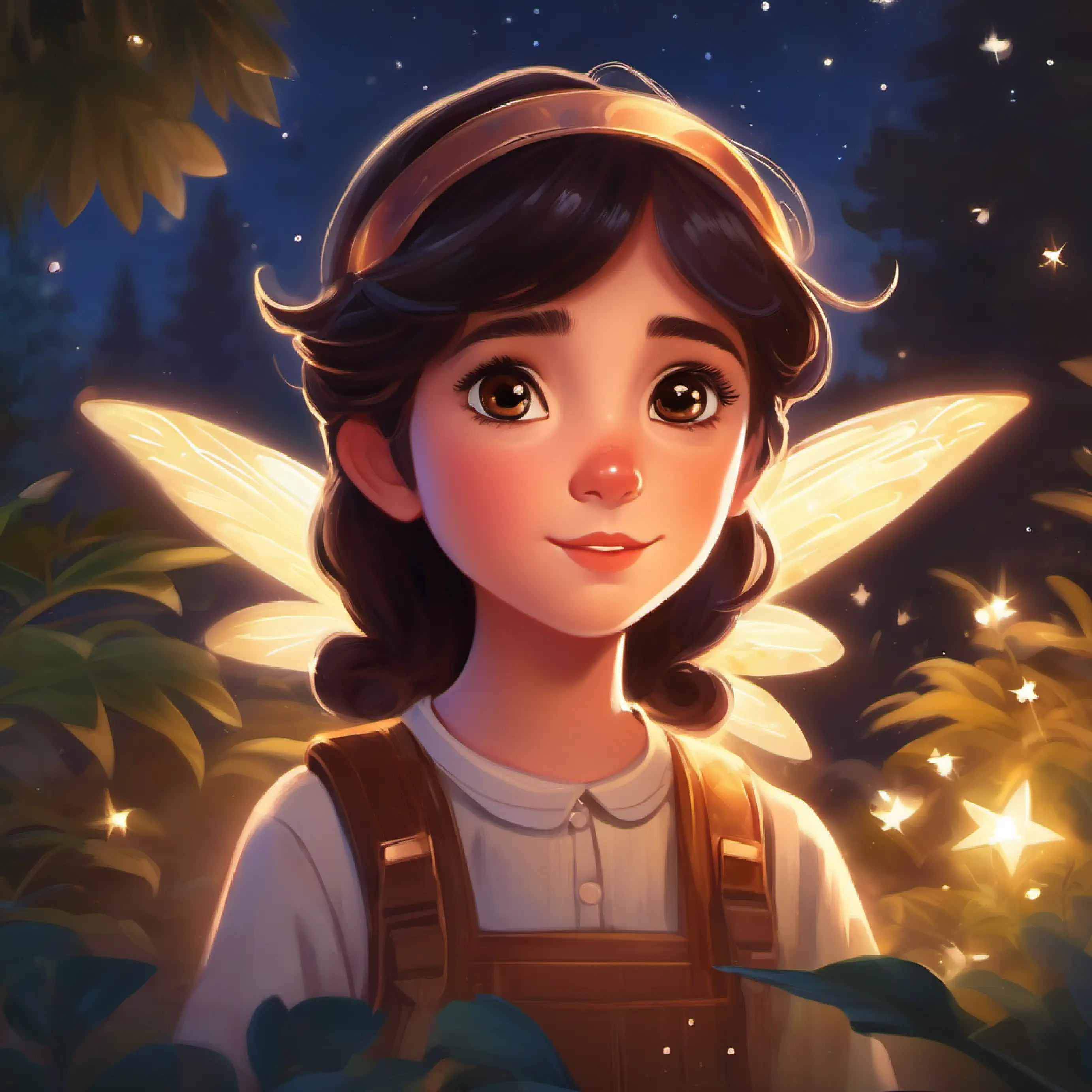 Curious girl, bright heart, dark hair, big brown eyes prepares to set out on an adventure with Star fairy, glowing, tiny with wings, sparkly eyes.