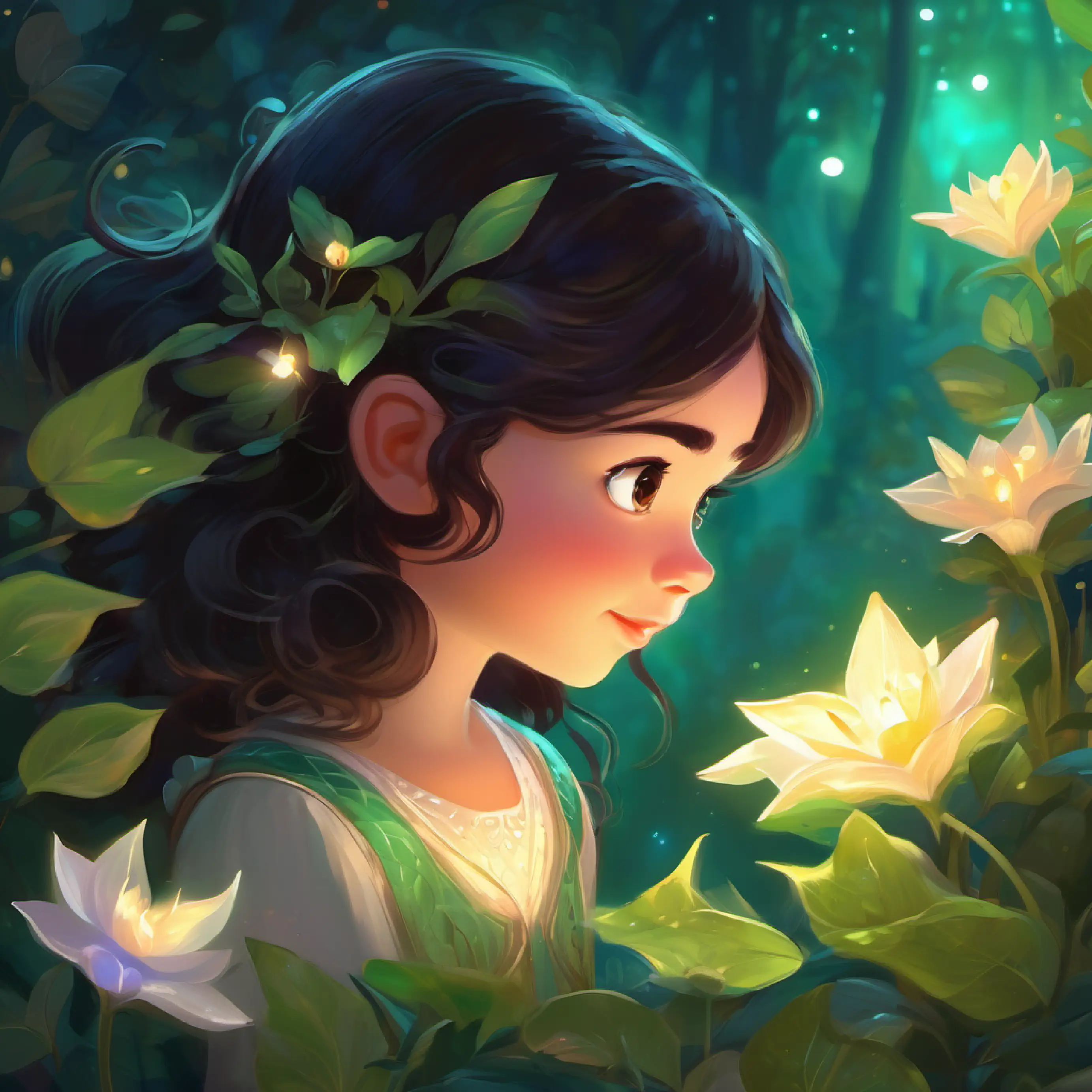 Curious girl, bright heart, dark hair, big brown eyes and Star fairy, glowing, tiny with wings, sparkly eyes discover the Moonflowers and meet Sleepy dragon, green scales, gentle, big sleepy eyes the dragon.