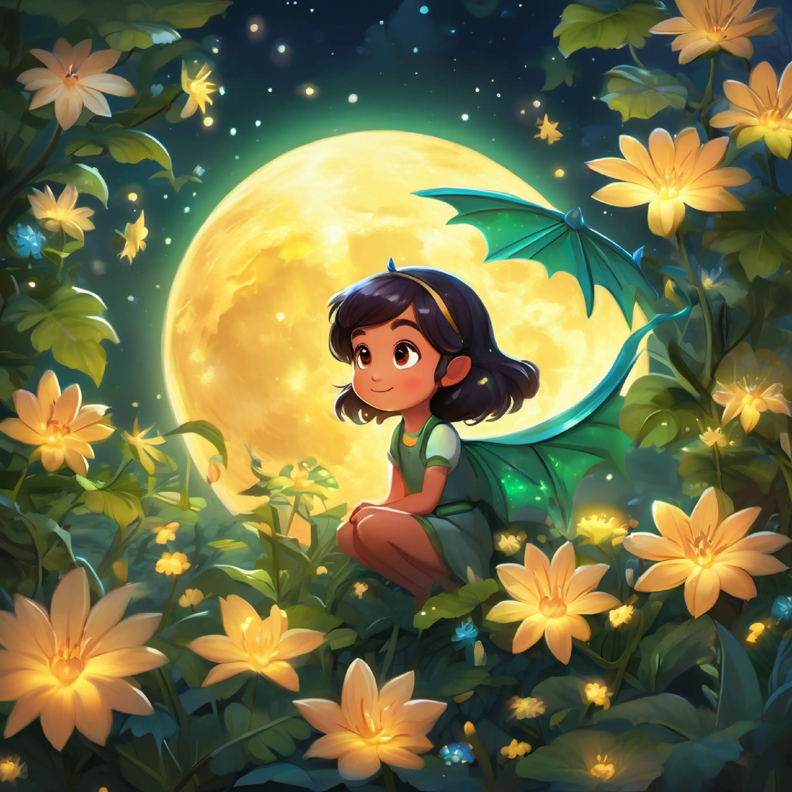 Star fairy, glowing, tiny with wings, sparkly eyes, Curious girl, bright heart, dark hair, big brown eyes, and Sleepy dragon, green scales, gentle, big sleepy eyes gather Moonflowers to help the Moon shine.