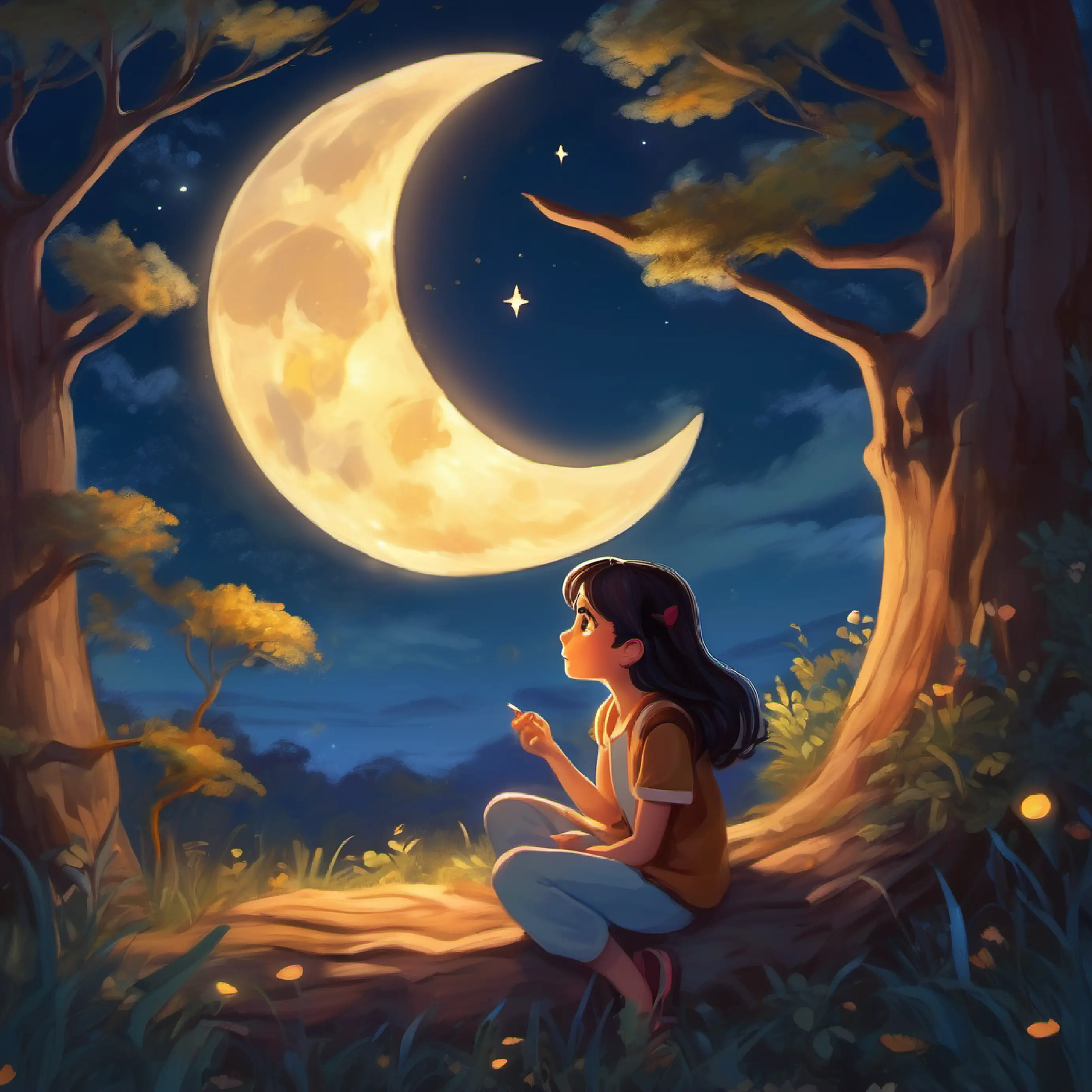 Curious girl, bright heart, dark hair, big brown eyes finishes her quest and falls asleep under the moon's glow.