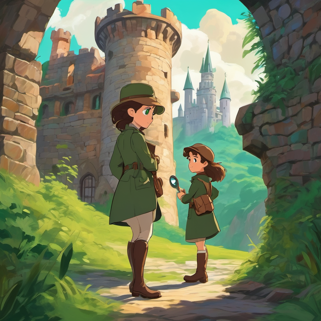 The scene shows Brave detective with brown hair and determined green eyes standing in front of her castle ruins, holding a magnifying glass and searching for clues.