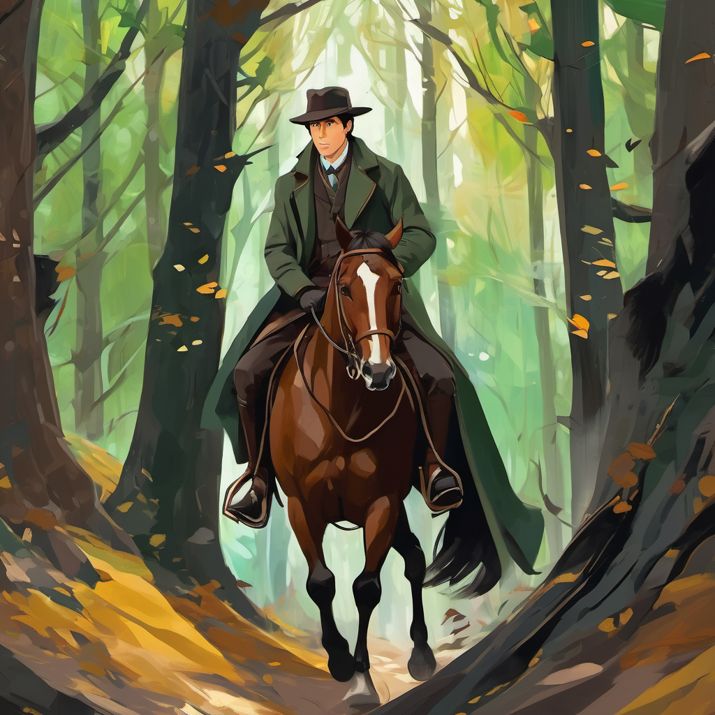 Brave detective with brown hair and determined green eyes riding Loyal horse with a sleek black coat and gentle brown eyes through the ancient woods, following the torn fabric trail.