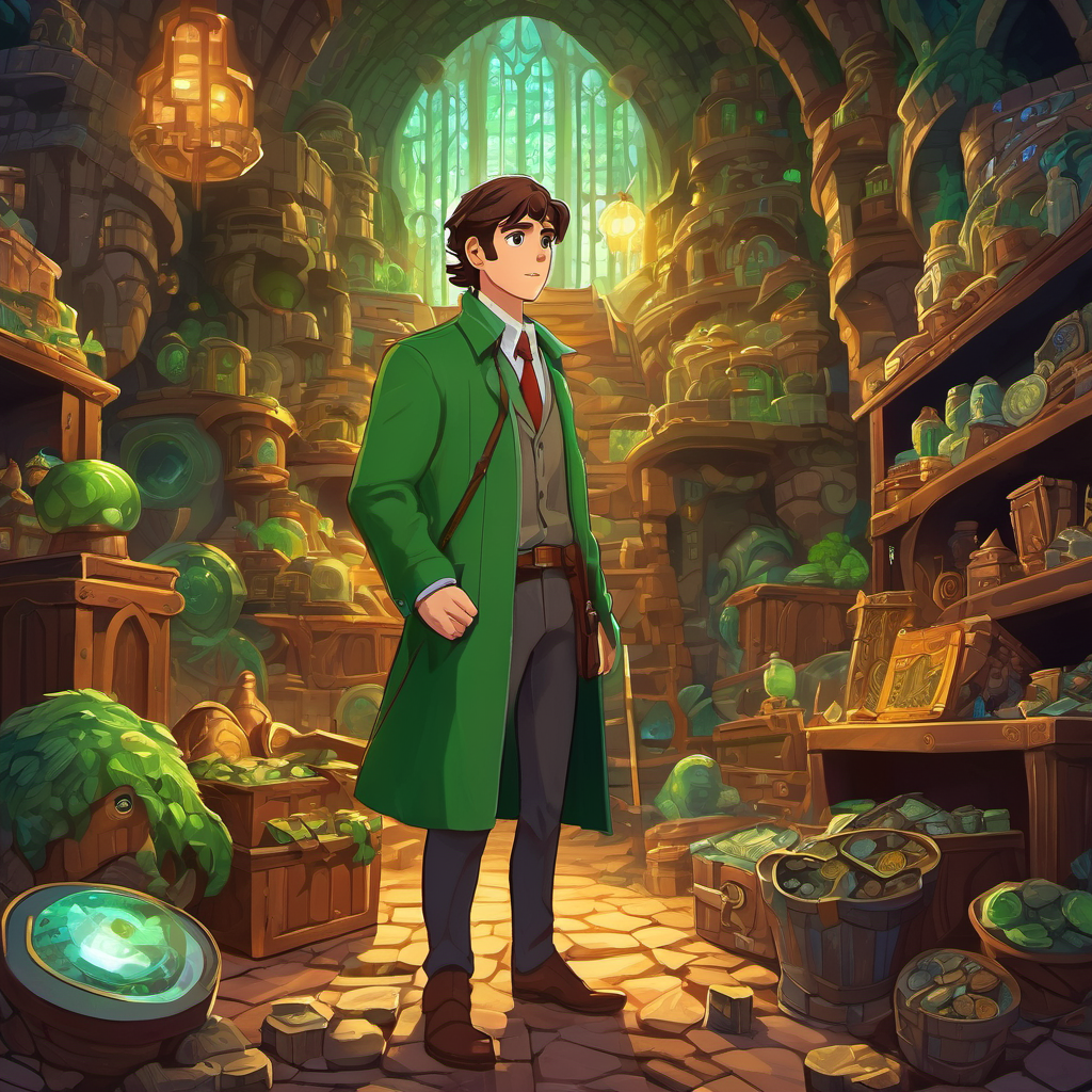 Brave detective with brown hair and determined green eyes standing in the monster's lair, surrounded by stolen treasures and facing the villain.