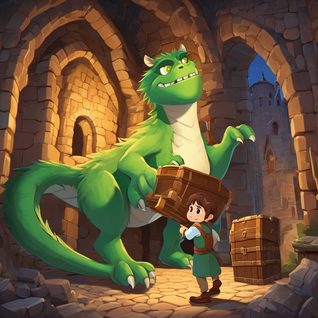 Brave detective with brown hair and determined green eyes and the monster working together to repair the castle and return the stolen treasures.