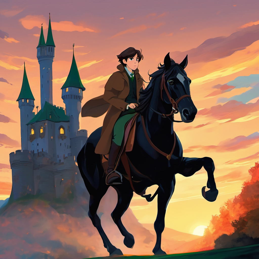 Brave detective with brown hair and determined green eyes riding on Loyal horse with a sleek black coat and gentle brown eyes towards the sunset, leaving behind the castle and the monster.