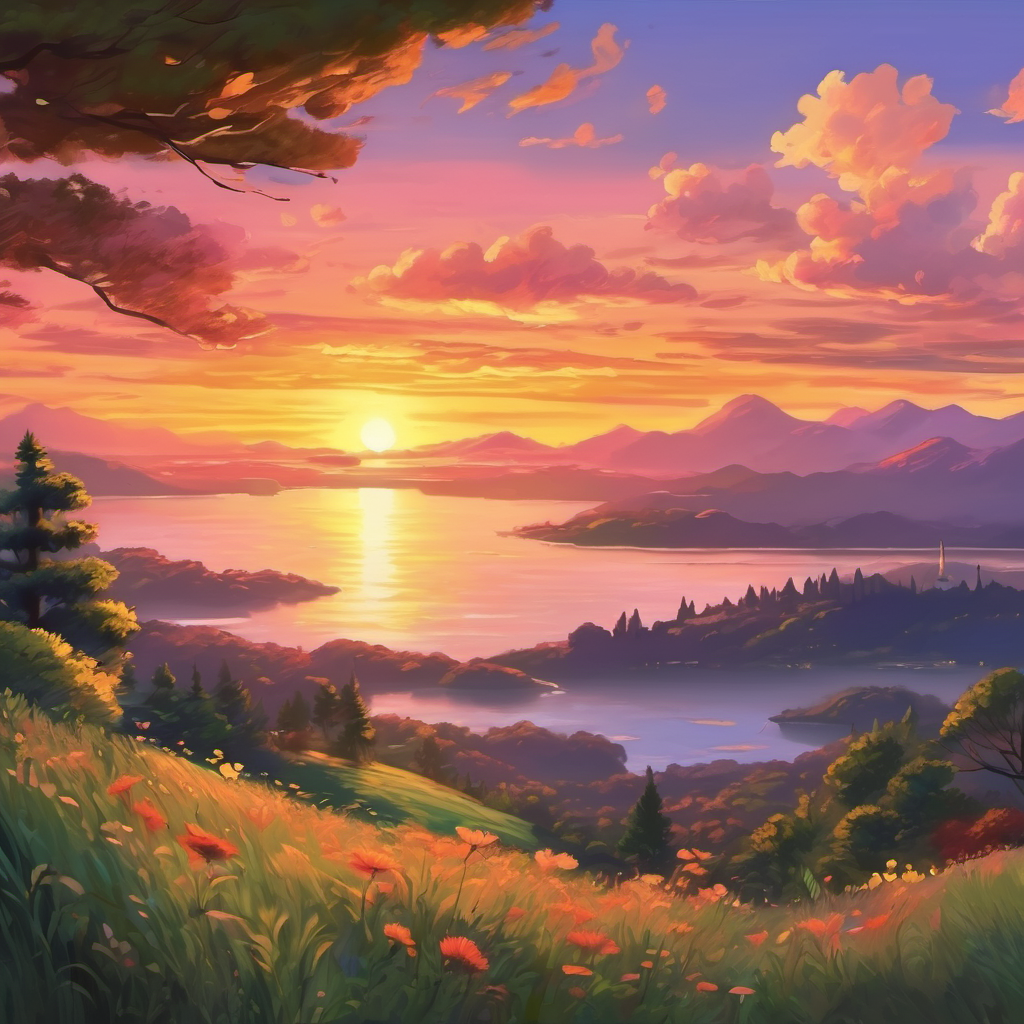 A picturesque view of a beautiful sunset, symbolizing the end of the story.