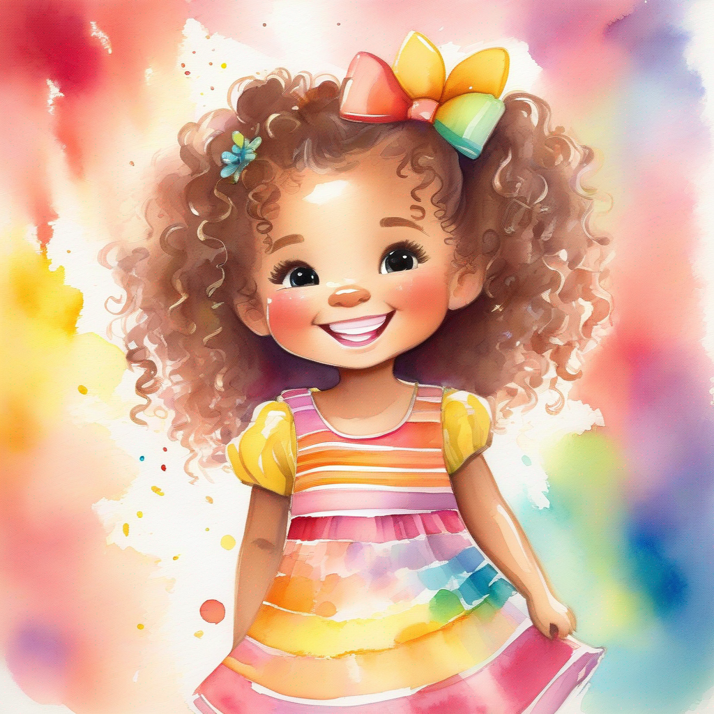 A little girl with curly brown hair and a colorful dress. painting in a colorful room with a big smile.