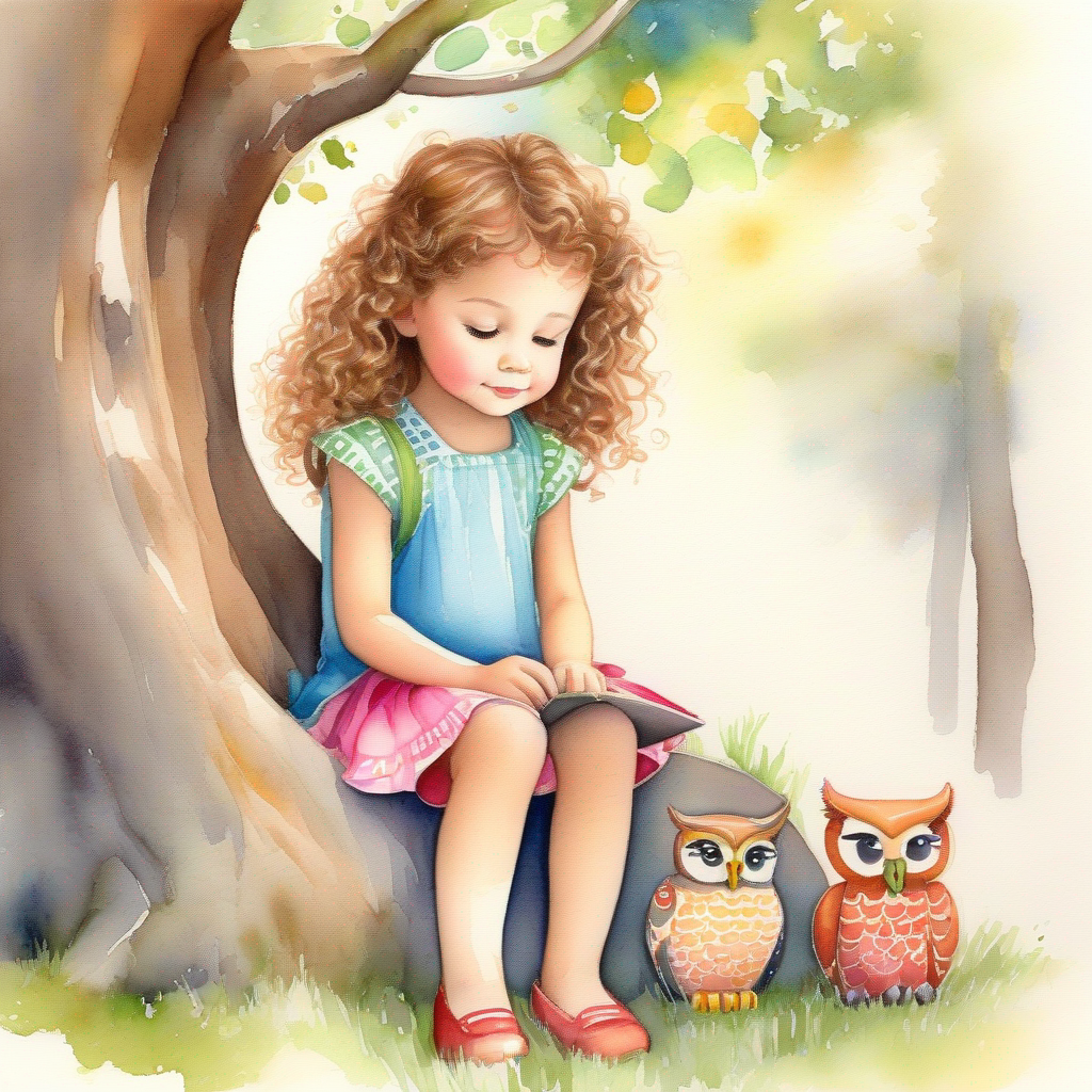 A little girl with curly brown hair and a colorful dress. sitting under a tree, listening to the wise owl.