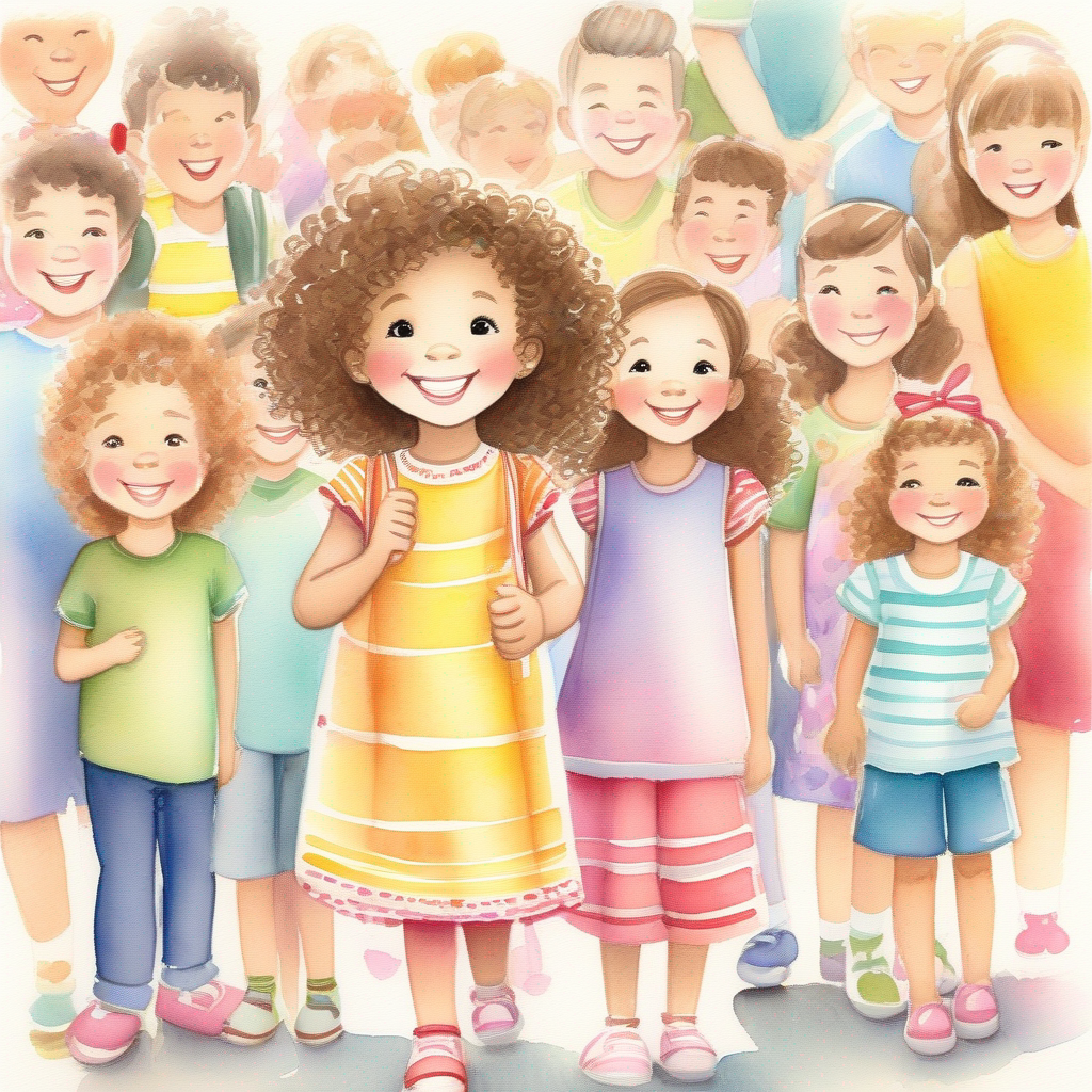 A little girl with curly brown hair and a colorful dress. proudly displaying her artwork with a smiling crowd.