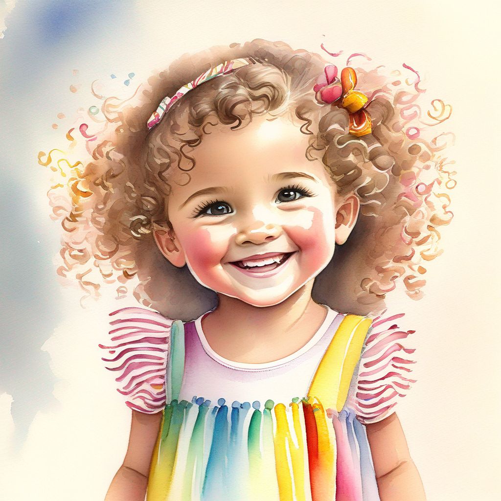 A little girl with curly brown hair and a colorful dress. waving goodbye with a happy face.
