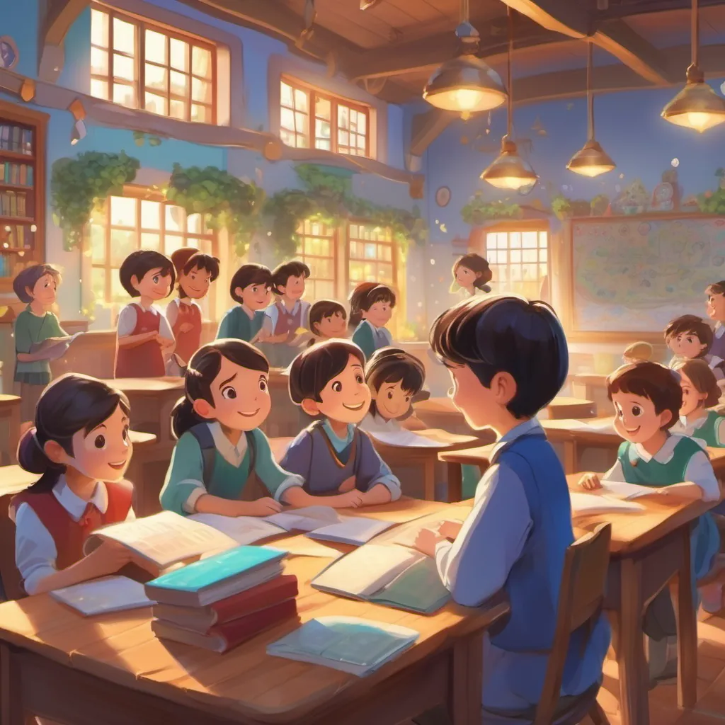 A cheerful classroom filled with excited young students gathered around a teacher with twinkling eyes, beginning to tell a magical story.