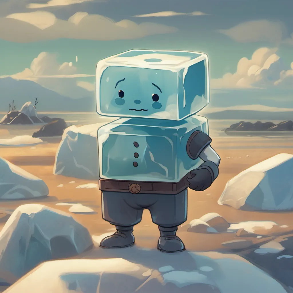 A character named A sturdy and friendly ice cube character with human-like features, showing strength and solidity, an ice cube personified with a smile, standing firm and sturdy while kids tap and knock, showing strength and solidity.