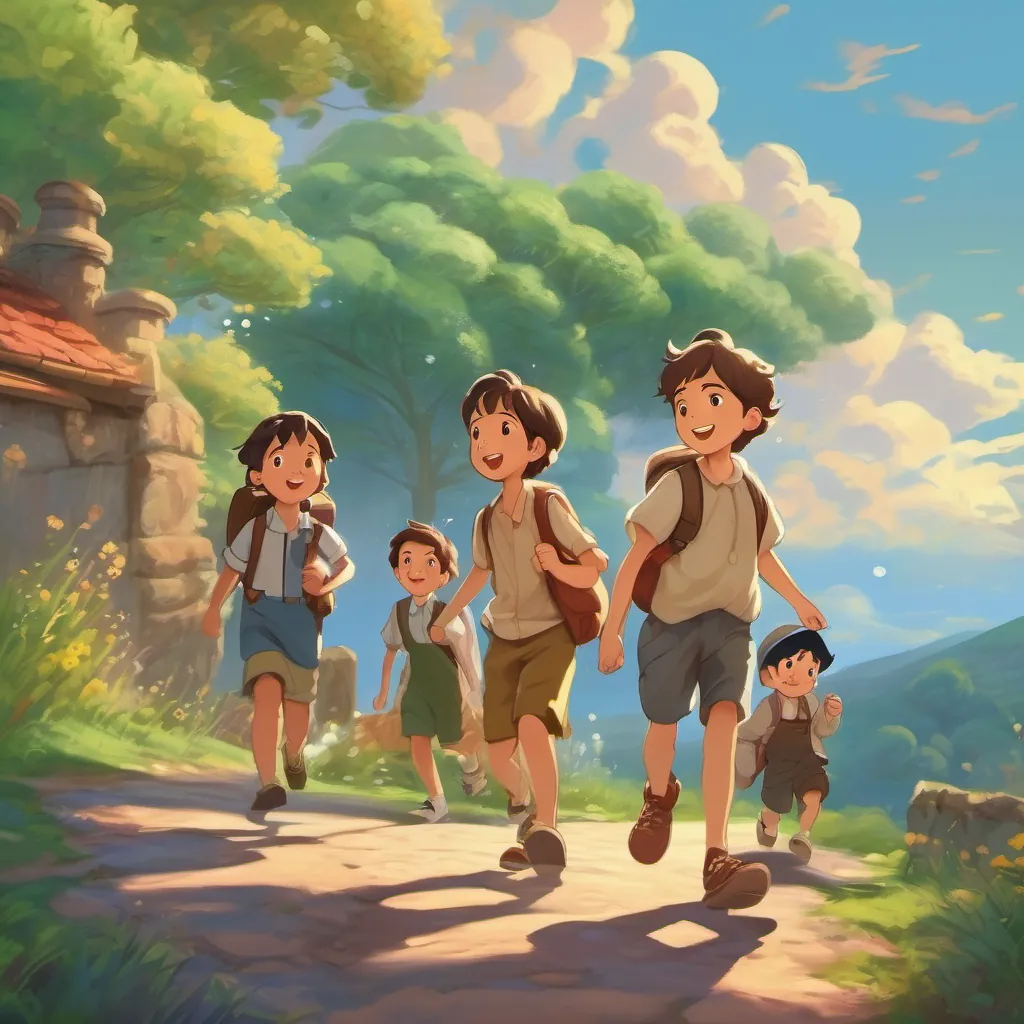Children walking home together, singing and laughing, reciting their adventure song about solid, liquid, and gas.