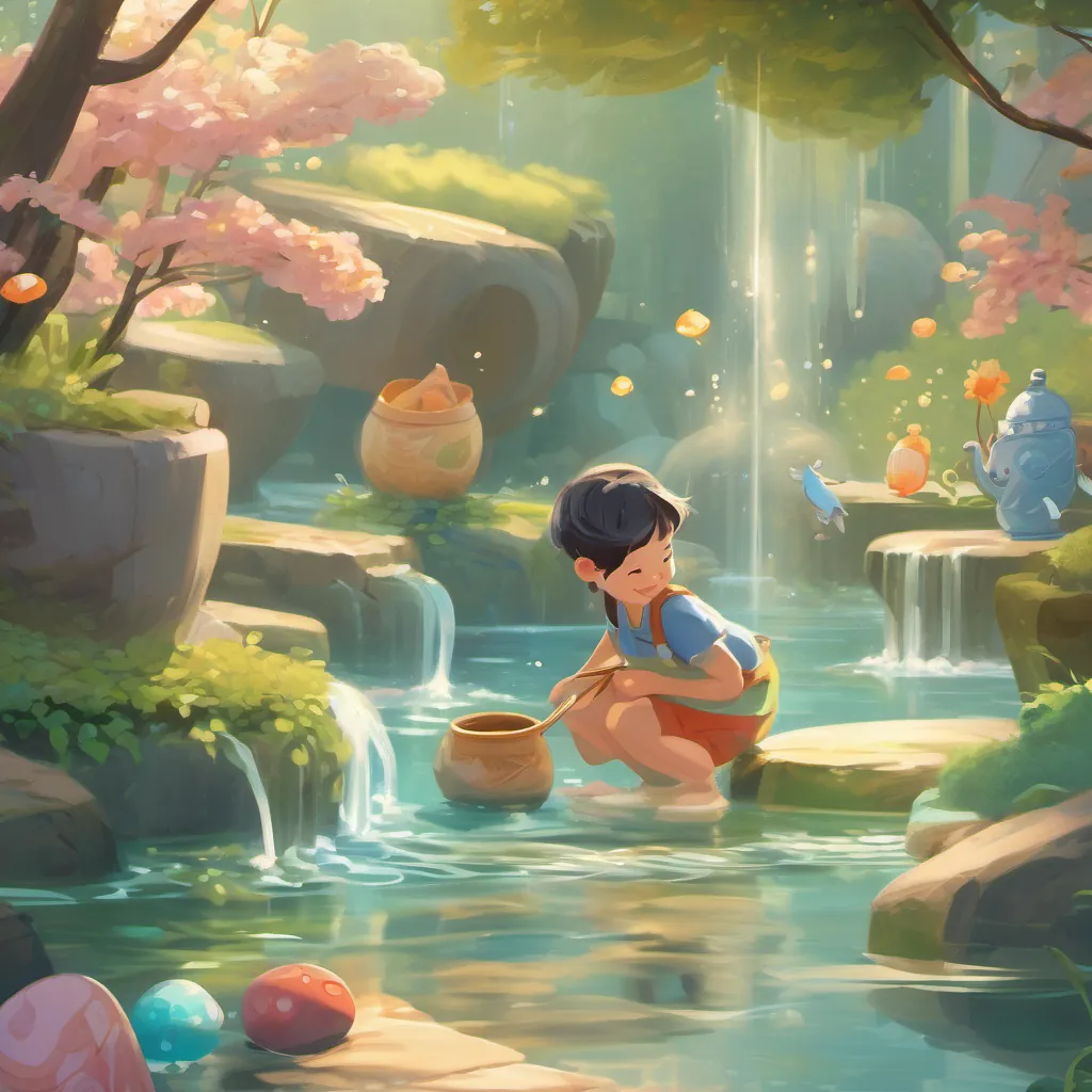 A graceful and flowing water character with human-like features, filling different shapes, a character made of water, gracefully changing shapes and filling different containers while interacting with cheerful kids.