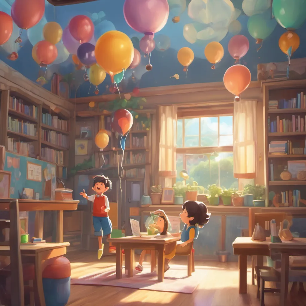 A playful and airy gas character with human-like features, floating like a balloon, a playful and airy character, floating like a balloon through the classroom, causing the children to giggle and laugh.