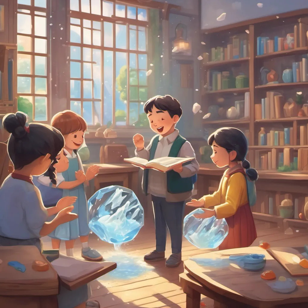 The teacher clapping hands, leading a rhyme about the transformation of matter, with a visual of an ice cube melting into water.