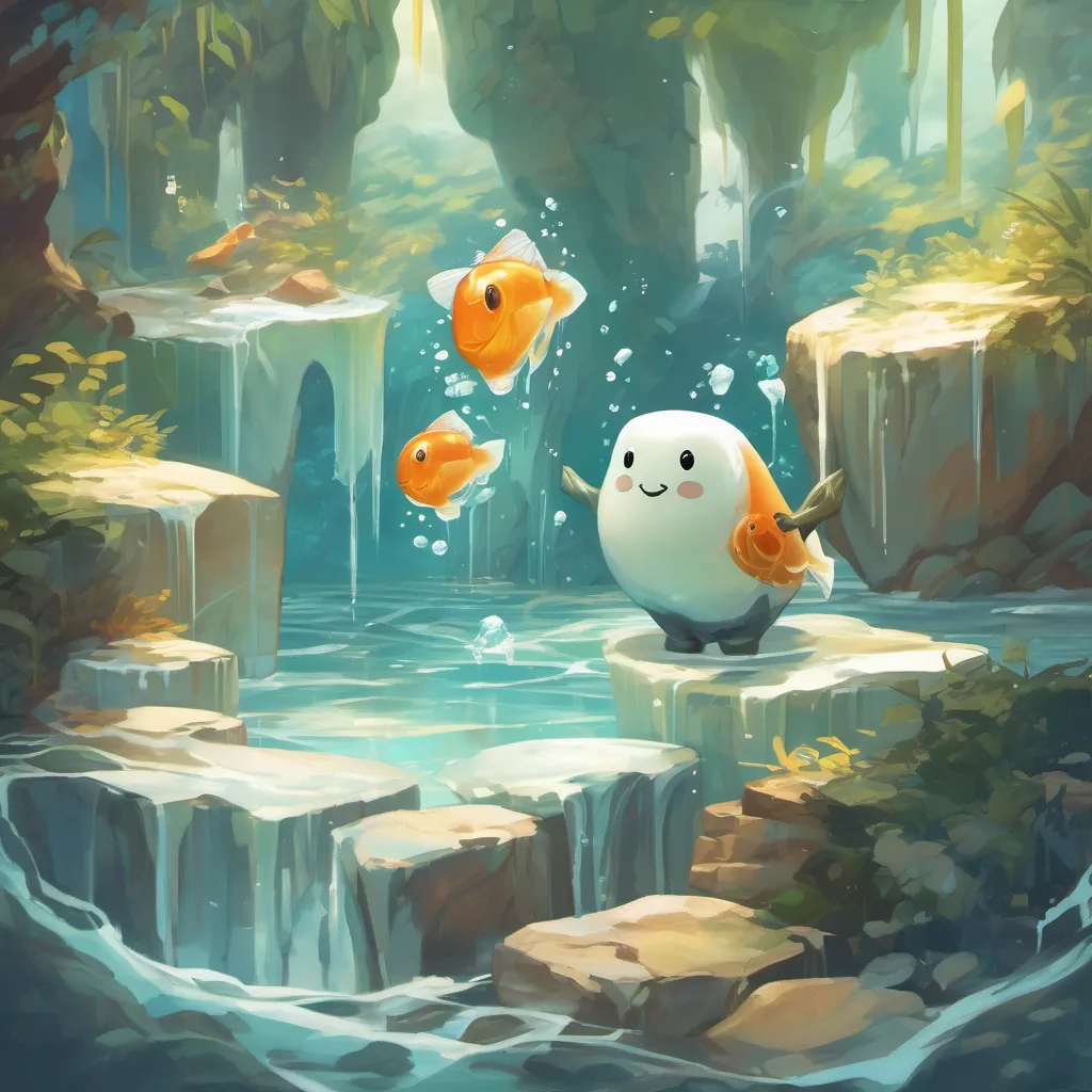 A sturdy and friendly ice cube character with human-like features, showing strength and solidity melting into A graceful and flowing water character with human-like features, filling different shapes with a friendly interaction, a visual transformation from solid to liquid state.