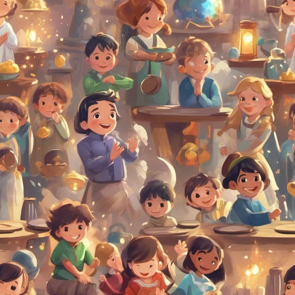 Children clapping and laughing, enjoying learning about matter's transformations with a magical and joyful atmosphere.