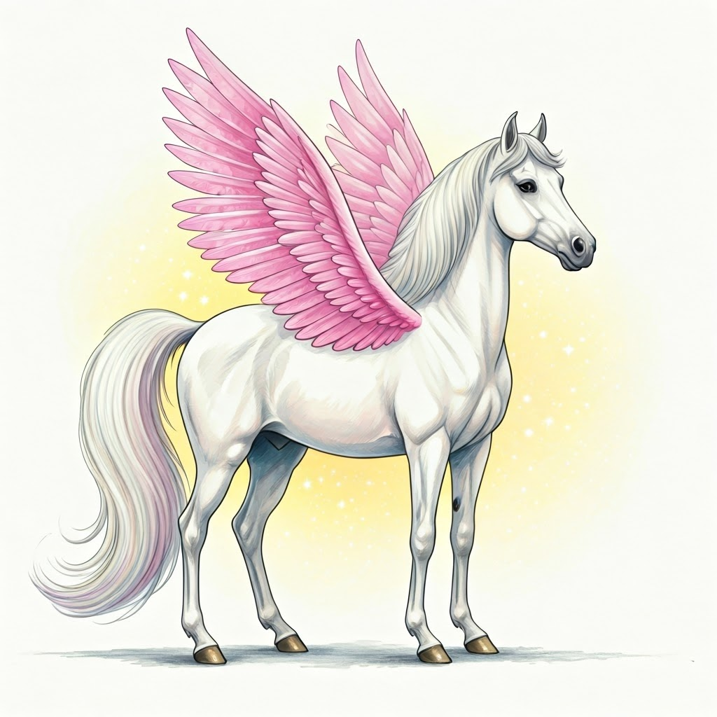 A white horse with pink wings and a sparkling tail