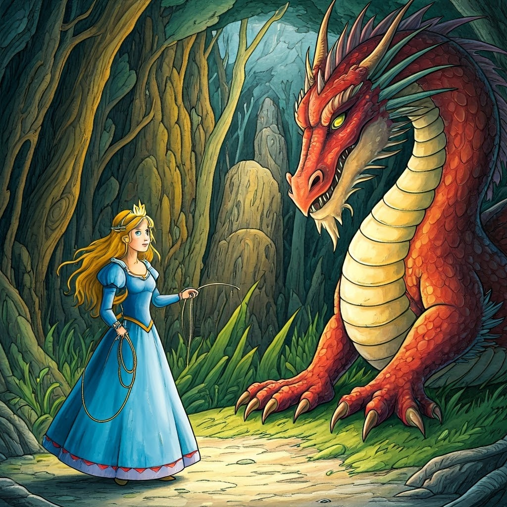 A princess with a lasso standing in front of a dragon